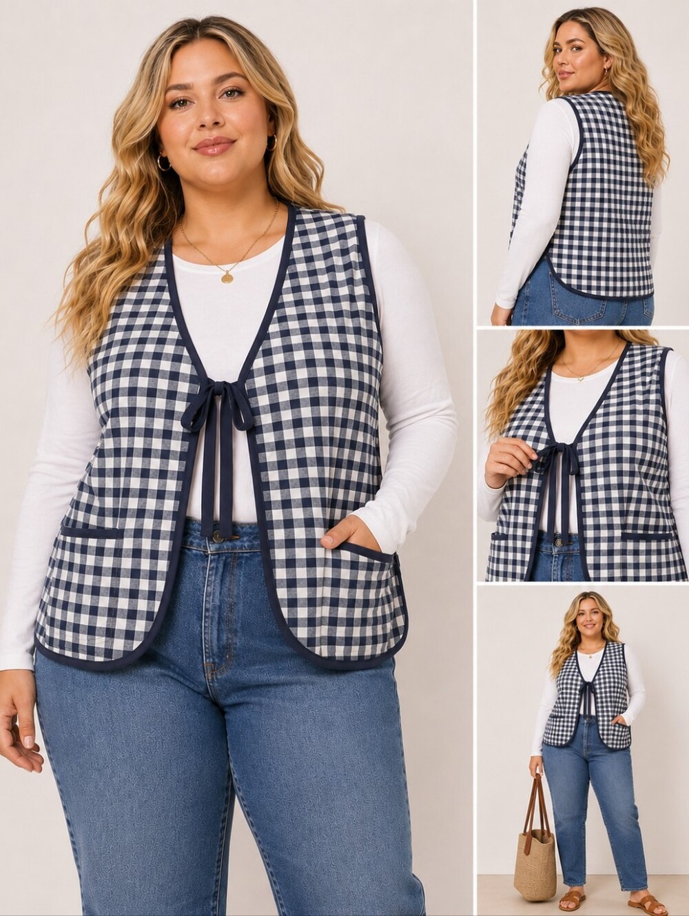 Free People Claudine Gingham Tie-Front Vest - Navy/White By Free People